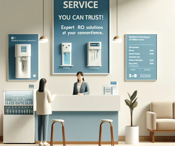 DALL·E 2025-03-08 15.19.13 - A compact and welcoming service reception area for a water purifier service center. The space features a small counter with a receptionist assisting a